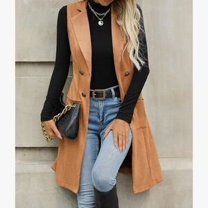 NWT Stylish Tan Faux Suede Sleeveless Trench Coat